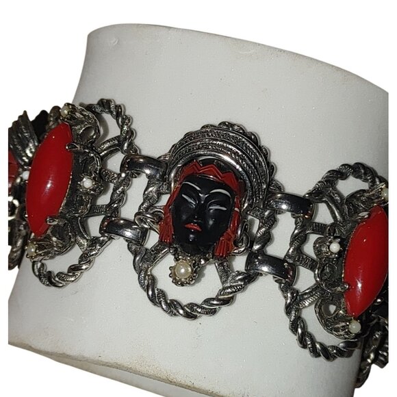 Vintage Selro Selini Bracelet MCM Red Black Enamel Lady Princess Faces Large - Picture 7 of 11